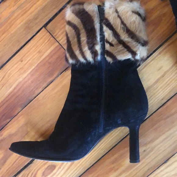 Stuart Weitzman Black Suede Boots Zebra print Fur Trim Size 6.5